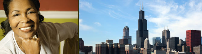 Photo of a smiing lady and the Chicago Skyline.